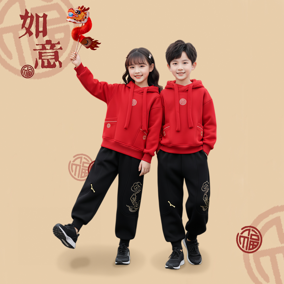 儿童百搭加绒款连帽上衣男童女童套头保暖厚款年服卫衣D3T5-1064