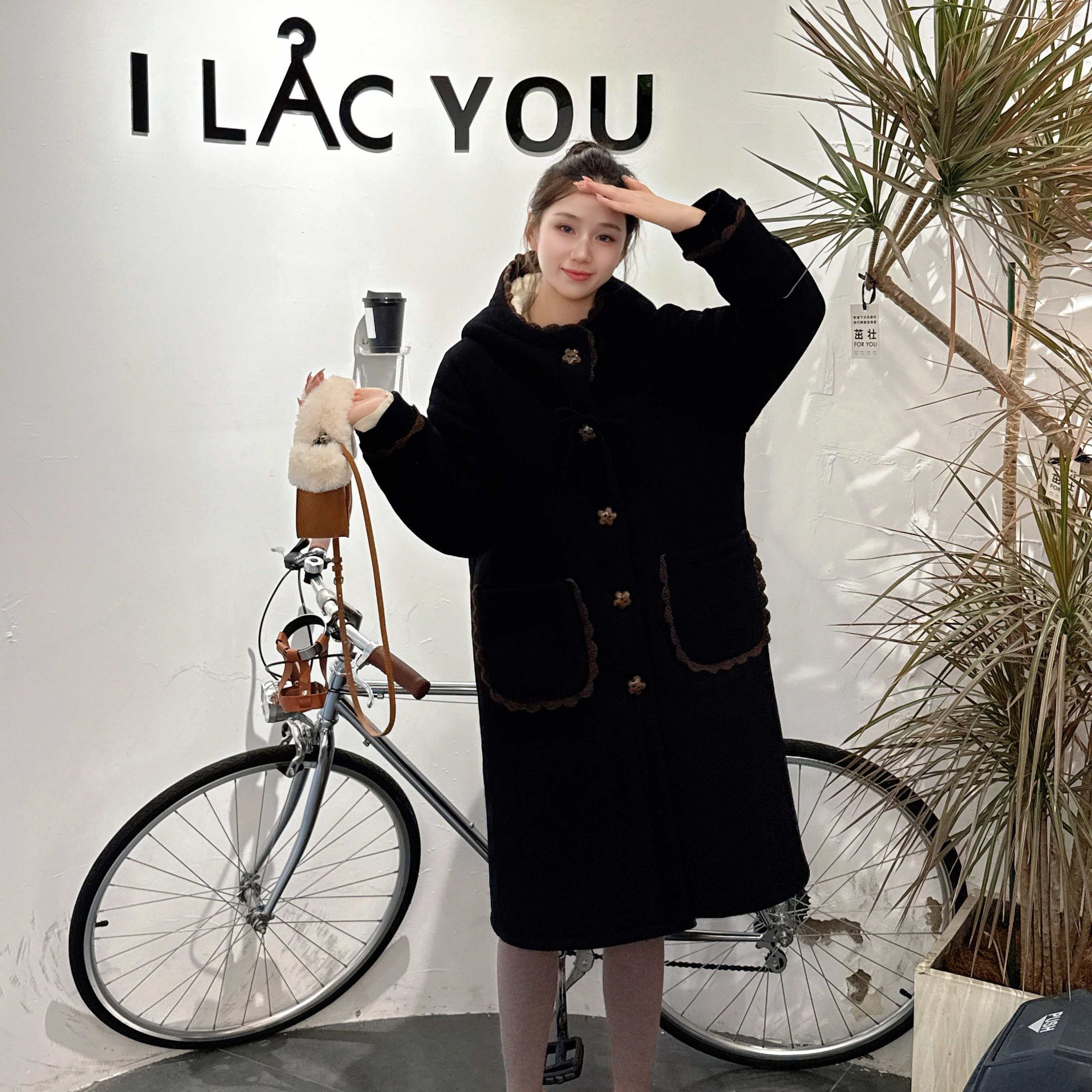 【原创】系扣中长款女冬季加绒加厚慵懒风甜系外套保暖棉服家居服