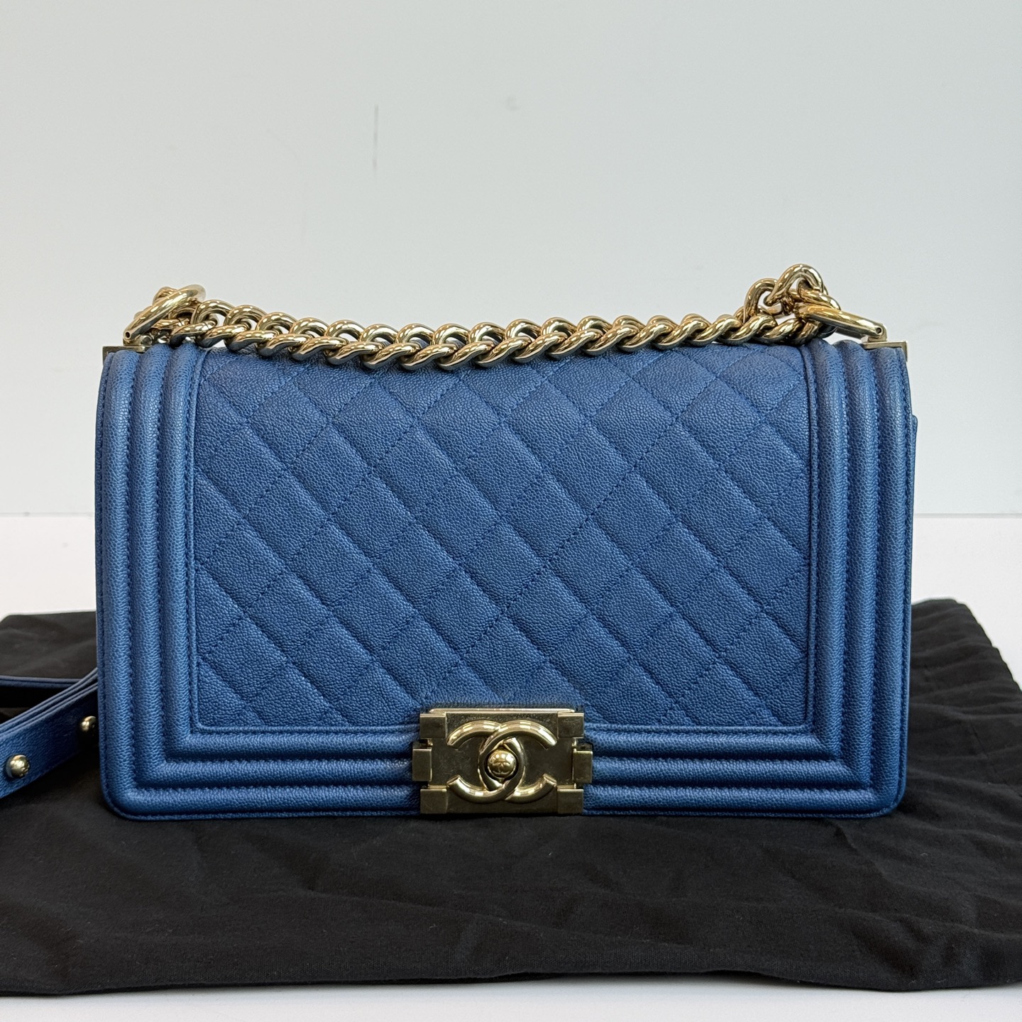 95新 Chanel/香奈儿 蓝金菱格纹Leboy中号链条包 11175