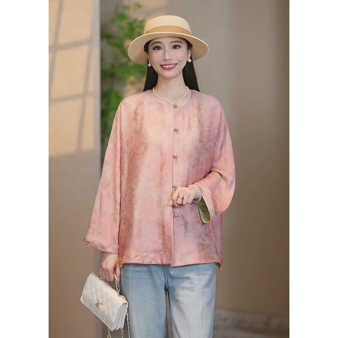 绸缘【粉荷笺】双面双穿真丝花罗桑蚕丝减龄防晒衬衫WTC67182805