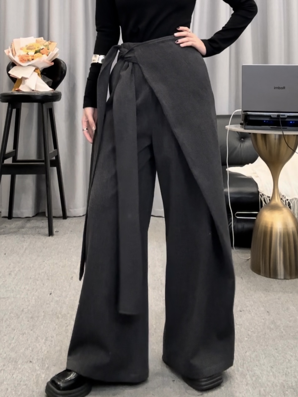 D6767不规则绑带阔腿休闲裤女2025年冬季新款高腰显瘦设计西装裤