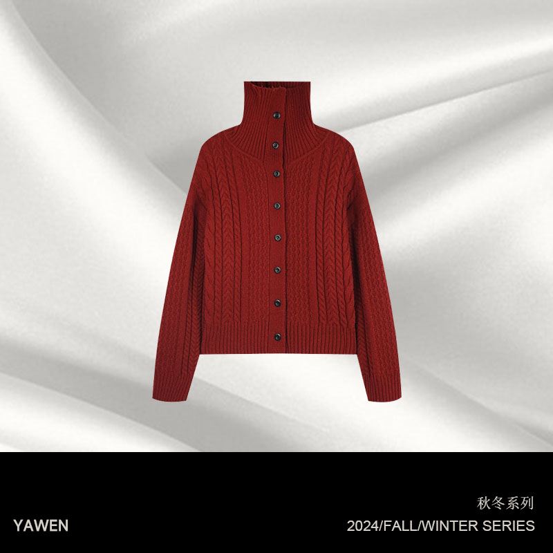 【雅雯专属】 YM333暖纪•秋冬高领单排扣拼麻花针织开衫毛衣 