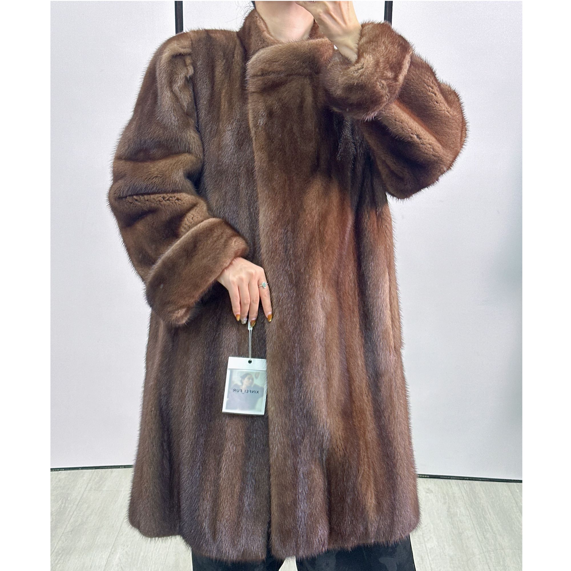 W226，2XL，金棕色小立领泡泡肩挽袖水貂外套