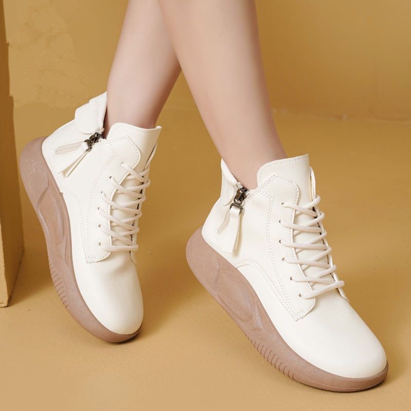 断码清仓F24软皮加绒高帮鞋女秋冬小白鞋厚底运动鞋马丁靴