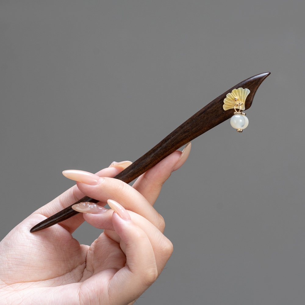深海黄蝶贝檀木发簪【小杏运】精致手工流苏百搭日常盘发簪子双面