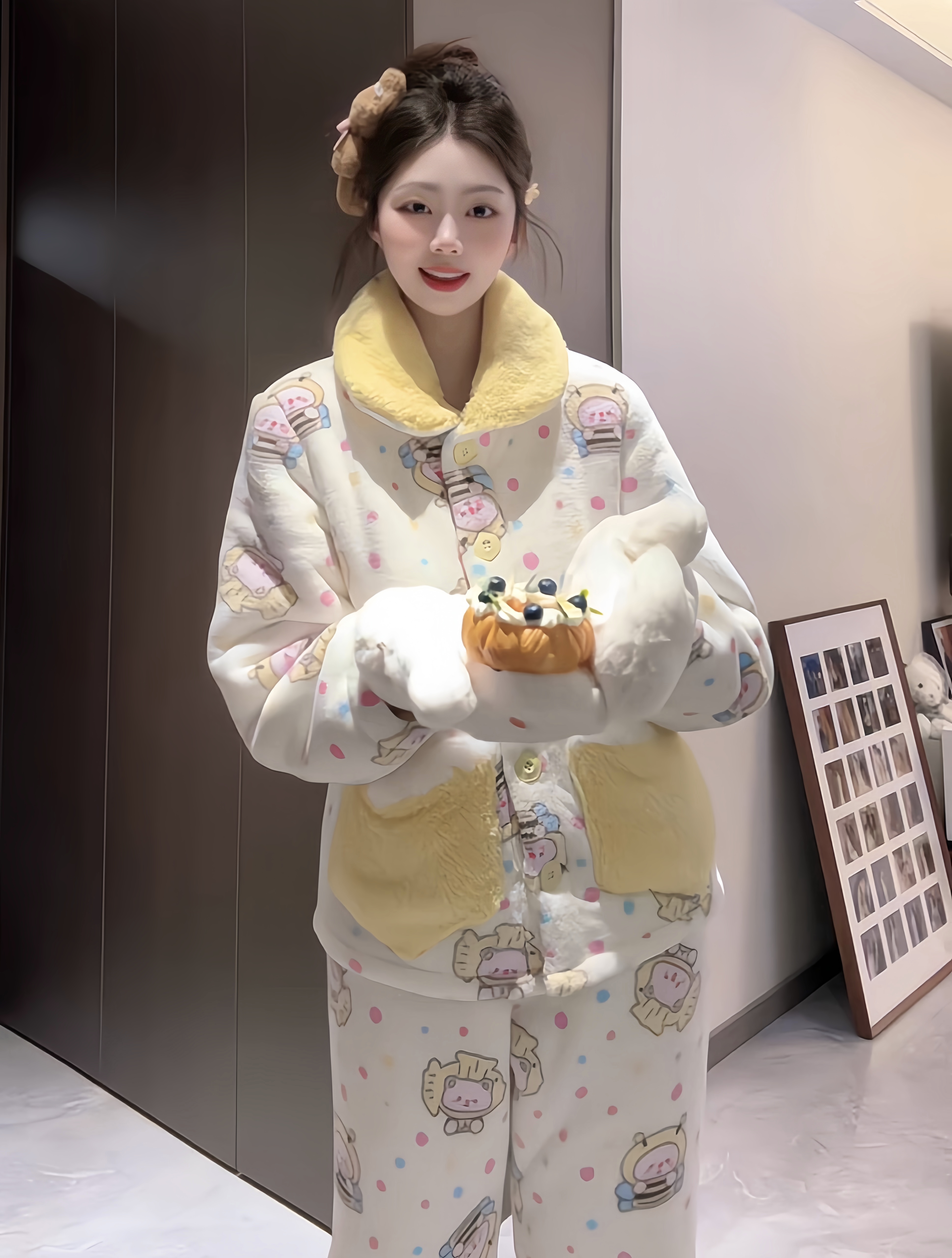 (蜜糖）冬季小众可爱减龄加厚毛绒绒睡衣女保暖家居服套装可外穿