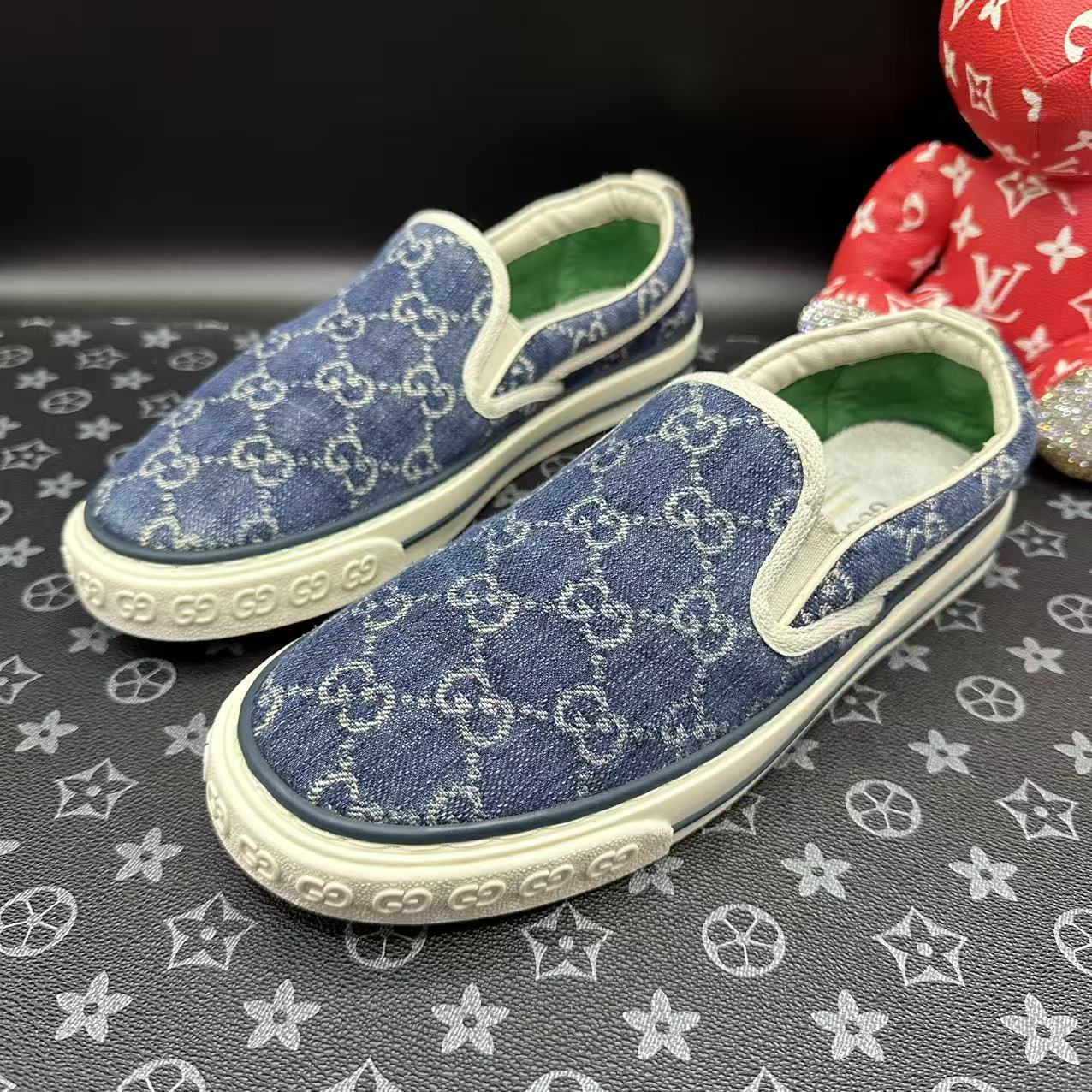 95新 GUCCI/古驰 蓝色牛仔帆布老花休闲舒适一脚蹬40欧码ddm3274
