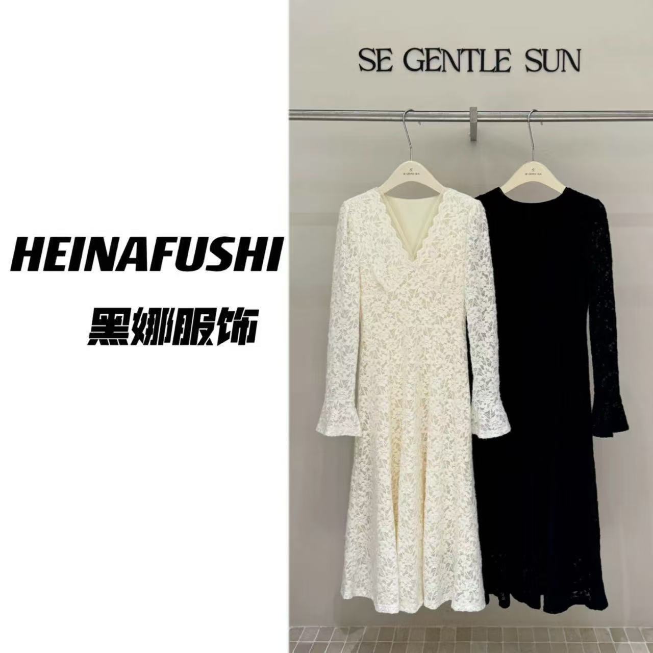 HEINA【清仓】仙韵蕾丝网纱拼接加绒蕾丝裙8089