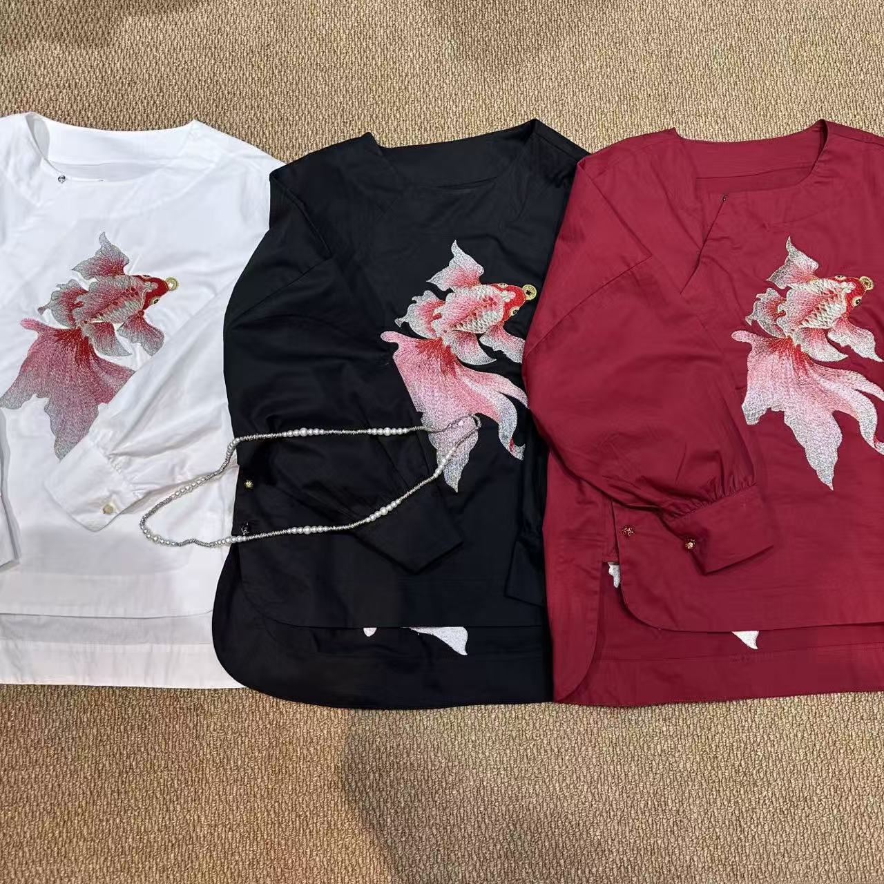 LL琳大码新中式“好运锦鲤”双面重工国风刺绣衬衫上衣内搭女90031