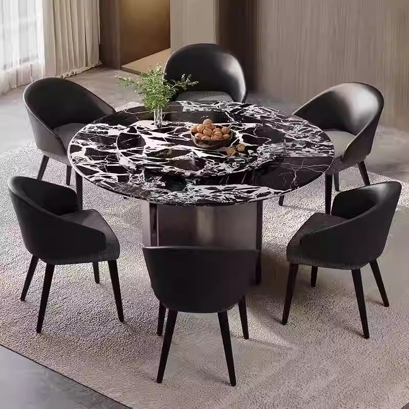 天然大理石宝格丽黑圆桌餐桌法式轻奢高级感简约中大户型桌子