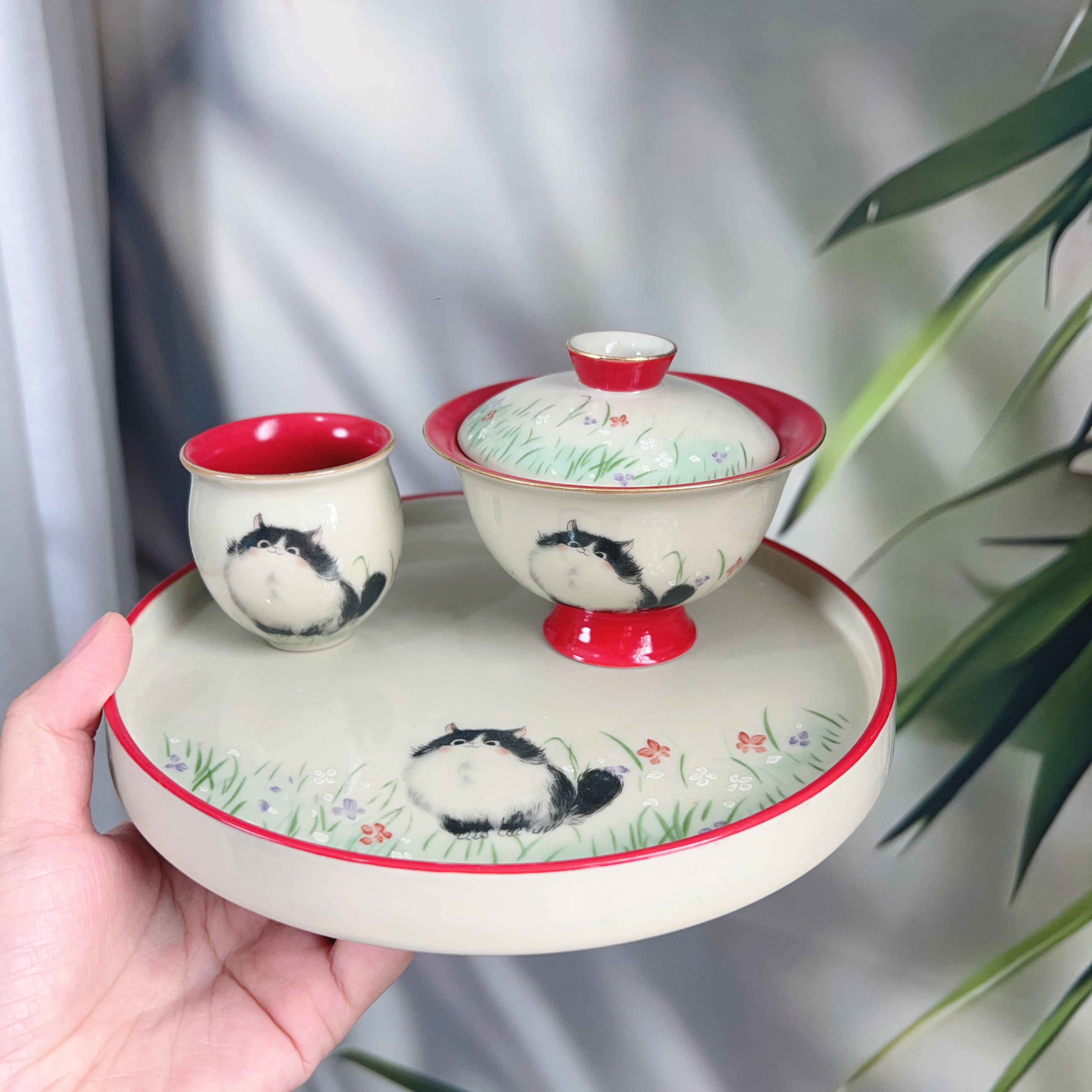 布偶猫陶瓷壶承盖碗套组红色可爱盘子