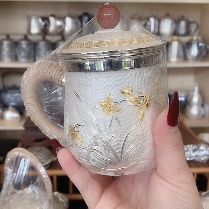 茶盏镀金兰花杯足银999