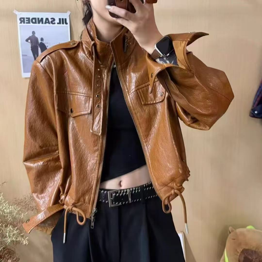 短款皮夹克美式复古蛋白皮衣外套拉链上衣双层领休闲冬款