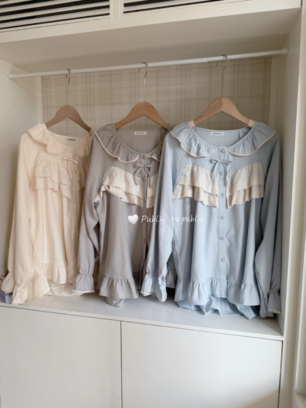 Public republic韩国春季纯棉蕾丝花边荷叶边娃娃领家居服睡衣女