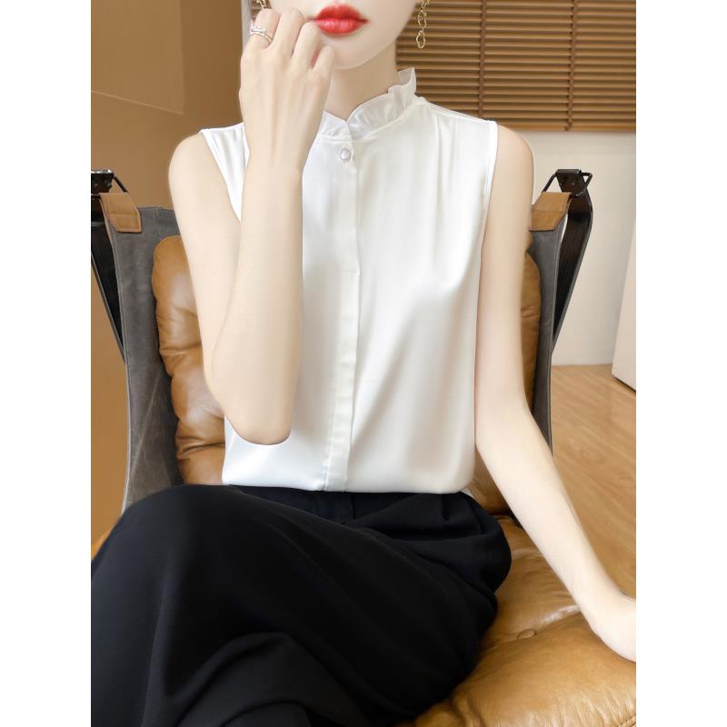 桑蚕丝半高领背心女夏季薄款宽松内搭木耳边无袖坎肩打底衫上衣