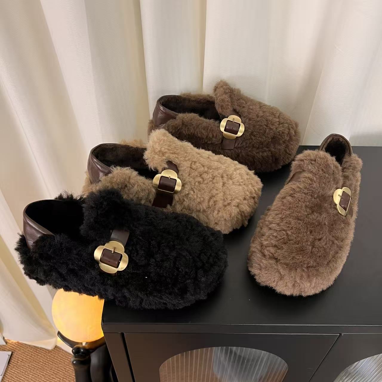 厚底金属扣包头毛毛鞋女2025秋冬新款外穿时尚复古两穿加绒棉鞋