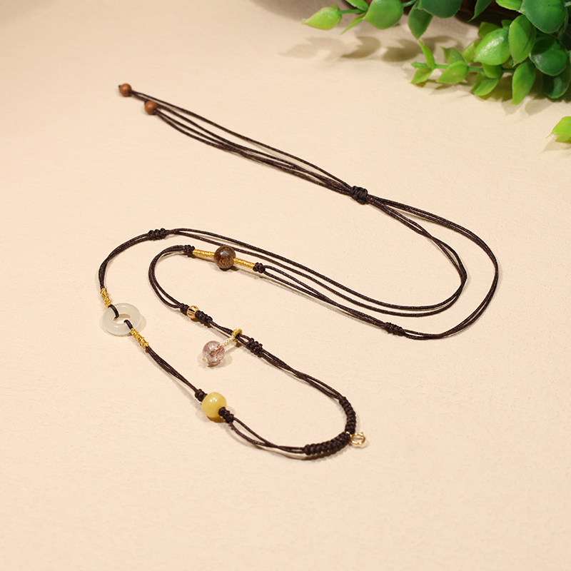 【叶叶珠宝】687 手工挂绳+18k金+和田玉平安扣+蜜蜡时尚百搭可调节