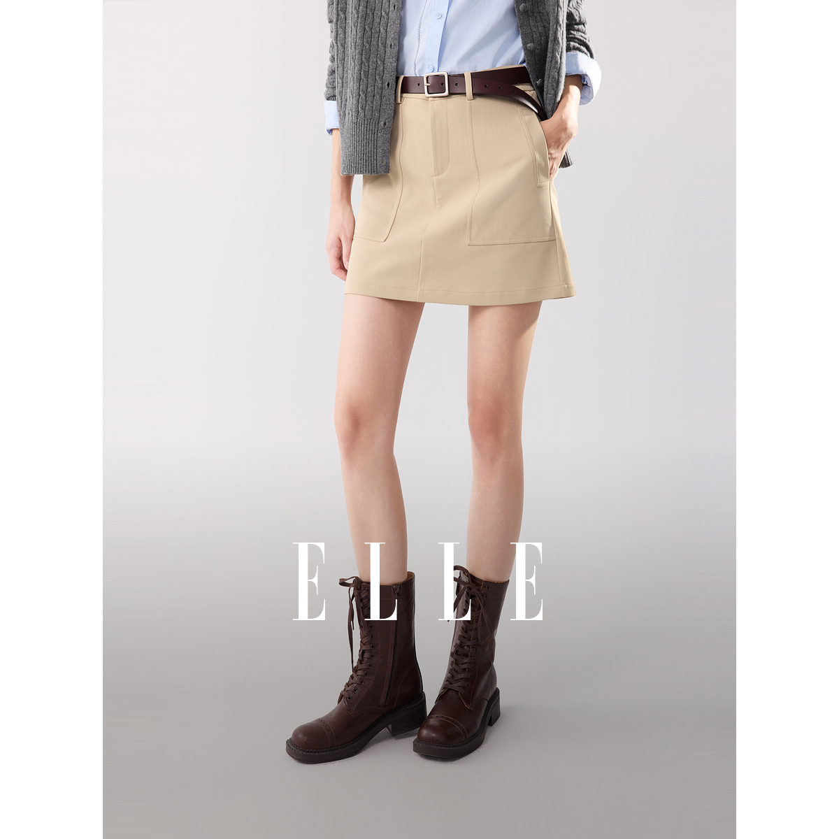 ELLE女装卡其色半身裙2025冬新款小个子时髦小众a字短裙L8WRS161