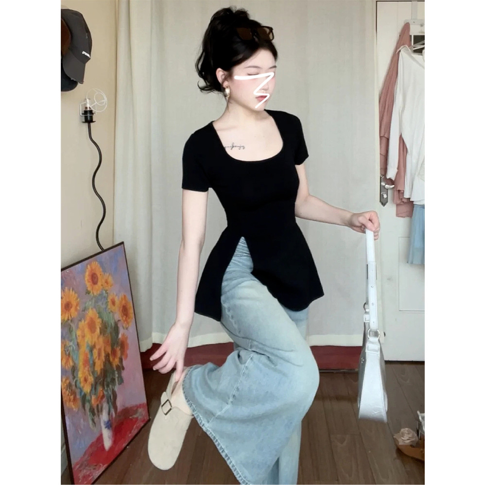 纯欲低圆领开叉正肩短袖t恤女收腰气质夏季新款独特气质辣妹上衣