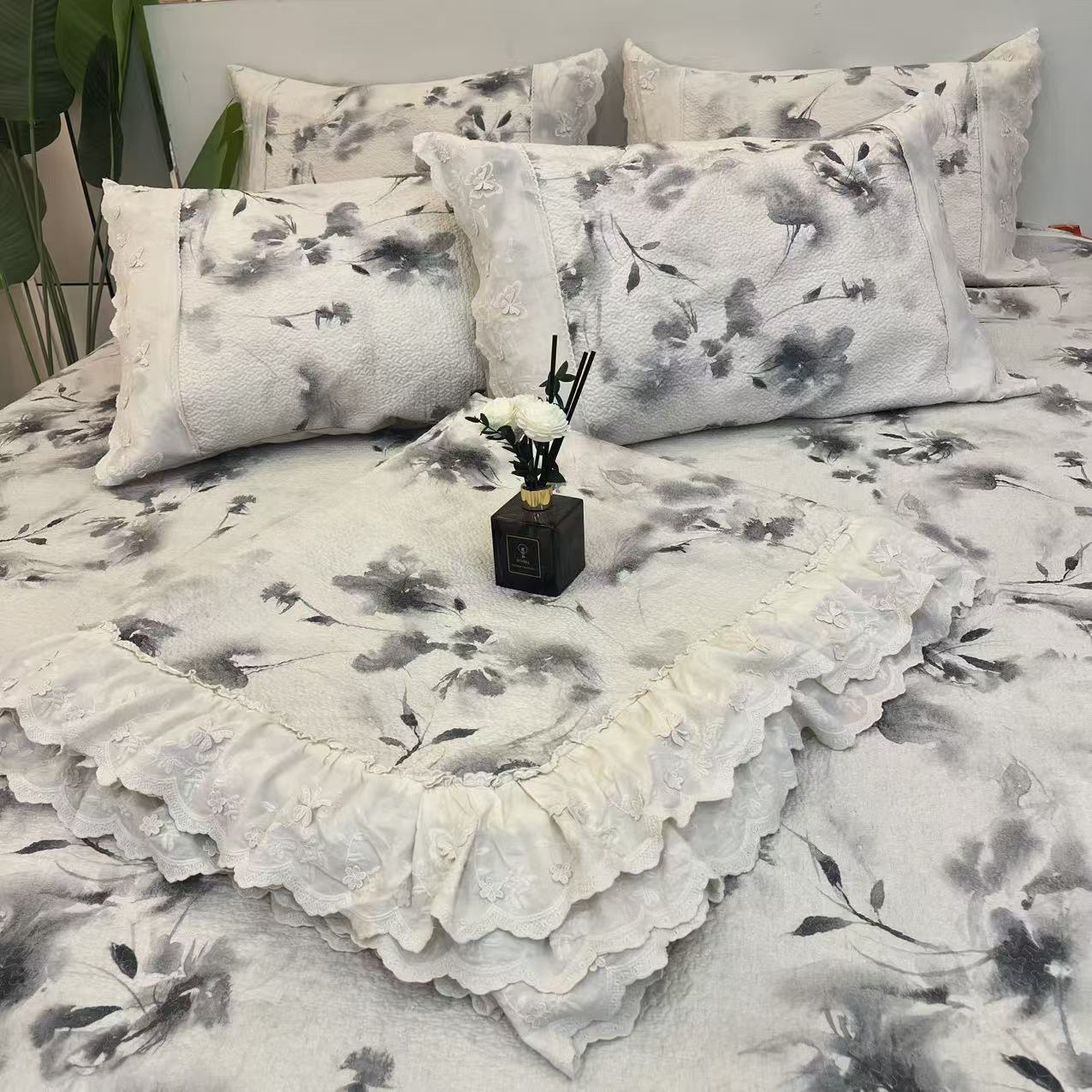 亚麻水墨画防滑合格品四季通用夹棉法式床盖