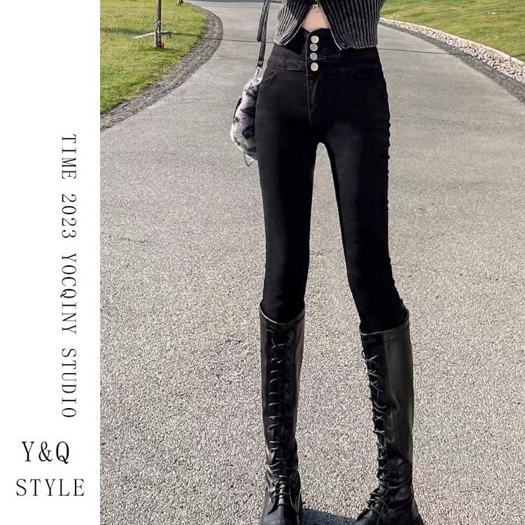 #08 薄绒黑色高腰多扣设计紧身铅笔小腿裤