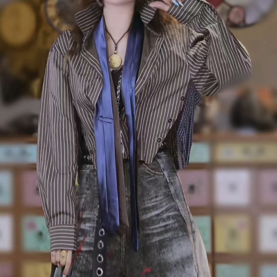 长袖街头风拼接单排多扣条纹拼接衬衫休闲春日慢人风