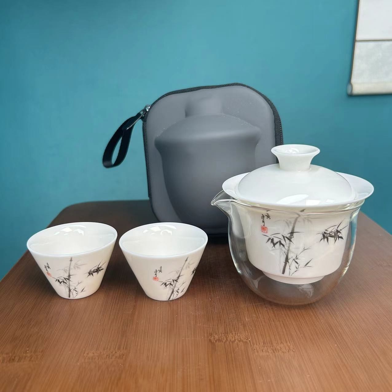 墨竹套装陶瓷一盖碗两杯+包包C0605