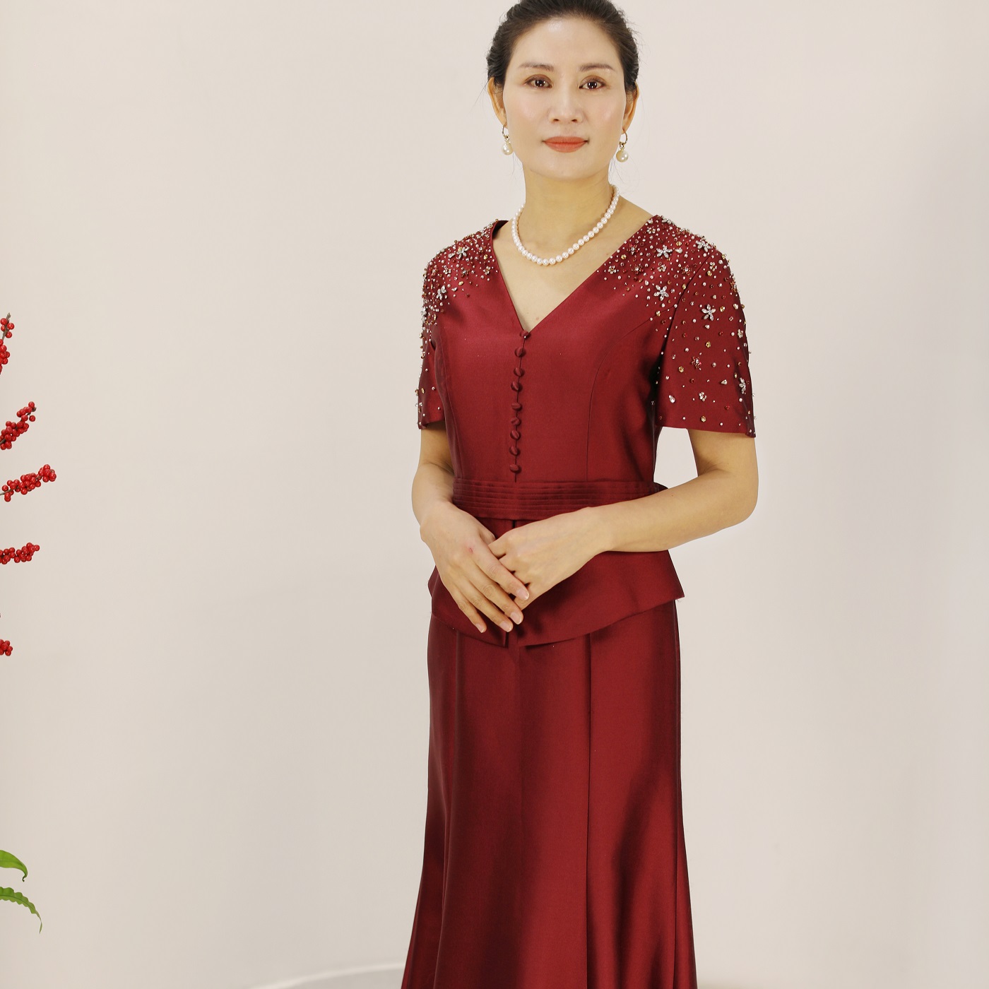 BOFEINA/帛妃娜高定礼服气质高贵修饰手臂法式显白酒红色红色礼服