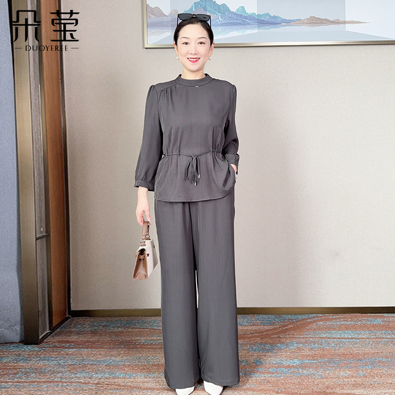 朵莹妈妈秋装时髦套装新款中年长袖系带上衣中老年两件套MS25C012