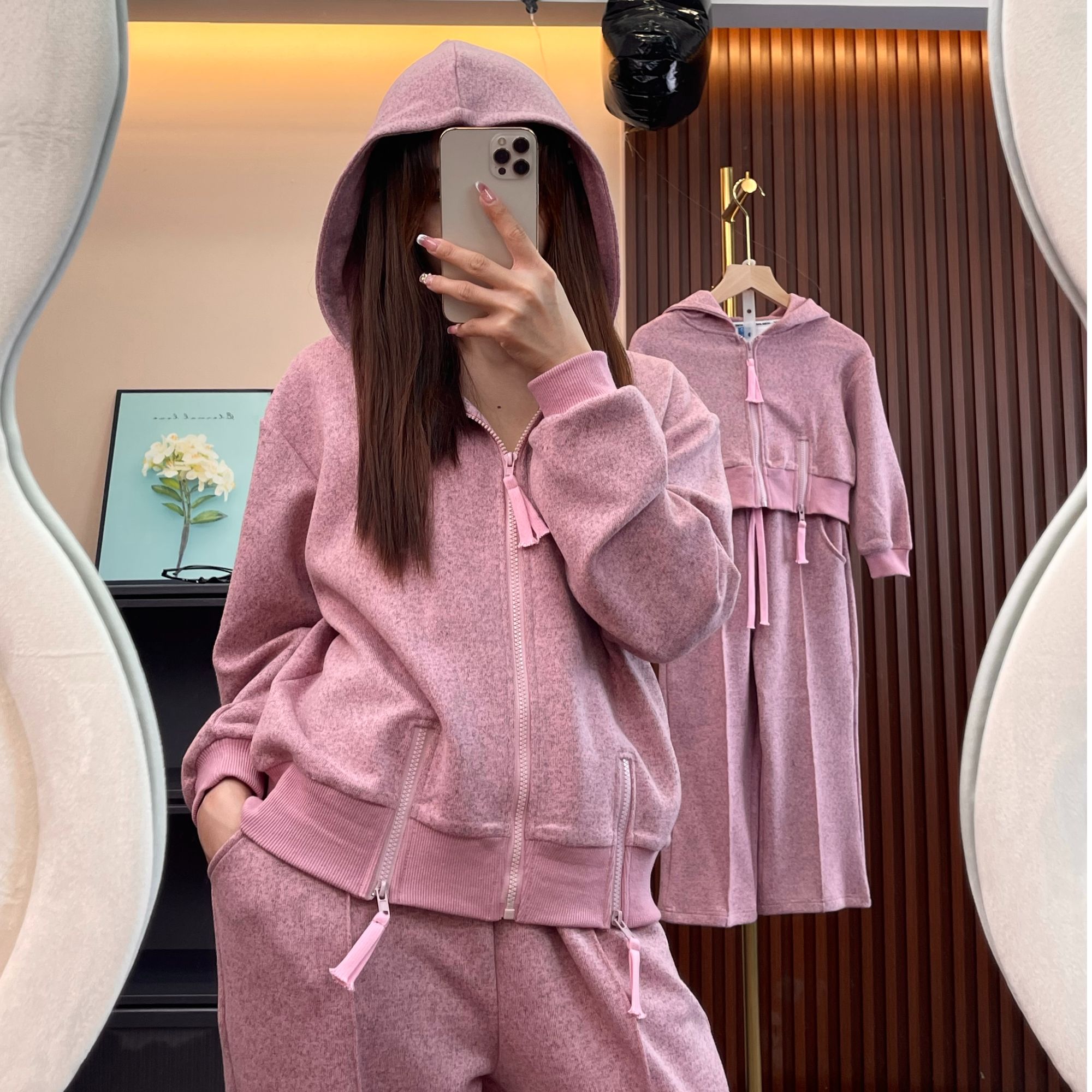 春秋连帽套装女士休闲阔腿直筒裤拉链卫衣休闲加绒两件套四季可穿