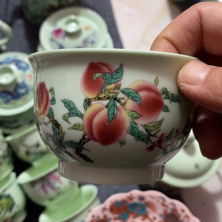 摆件陶绿稀土寿桃大压手杯