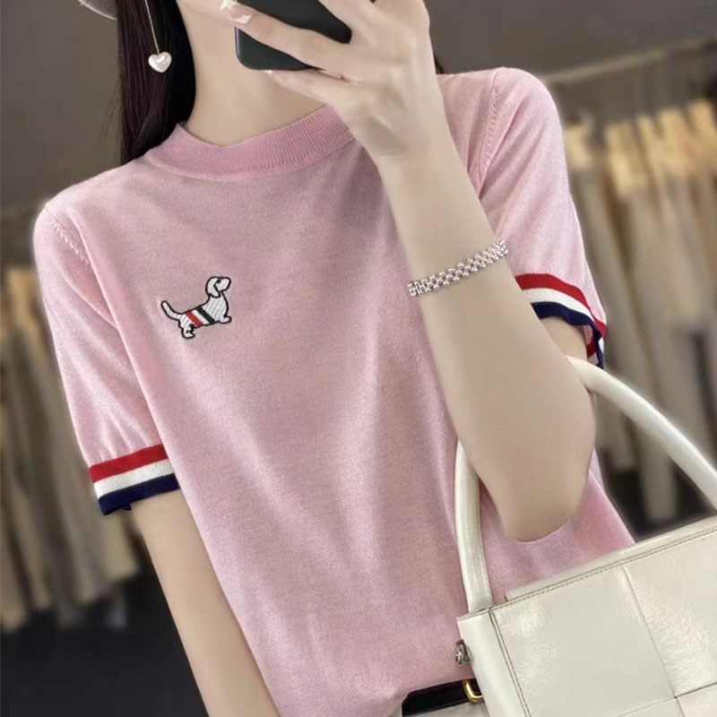 哥弟阿玛施正版小狗刺绣棉+桑蚕丝短袖T恤女夏装新款洋气减龄百搭