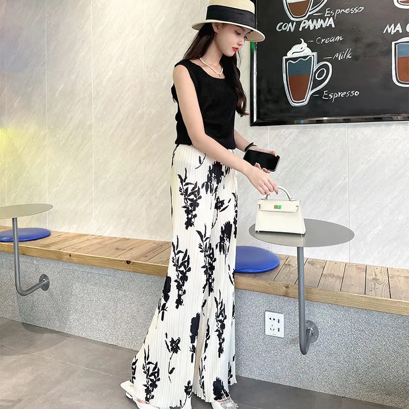 【D.Deng定制】三宅褶皱夏季新款印花直筒垂感显瘦休闲阔腿裤