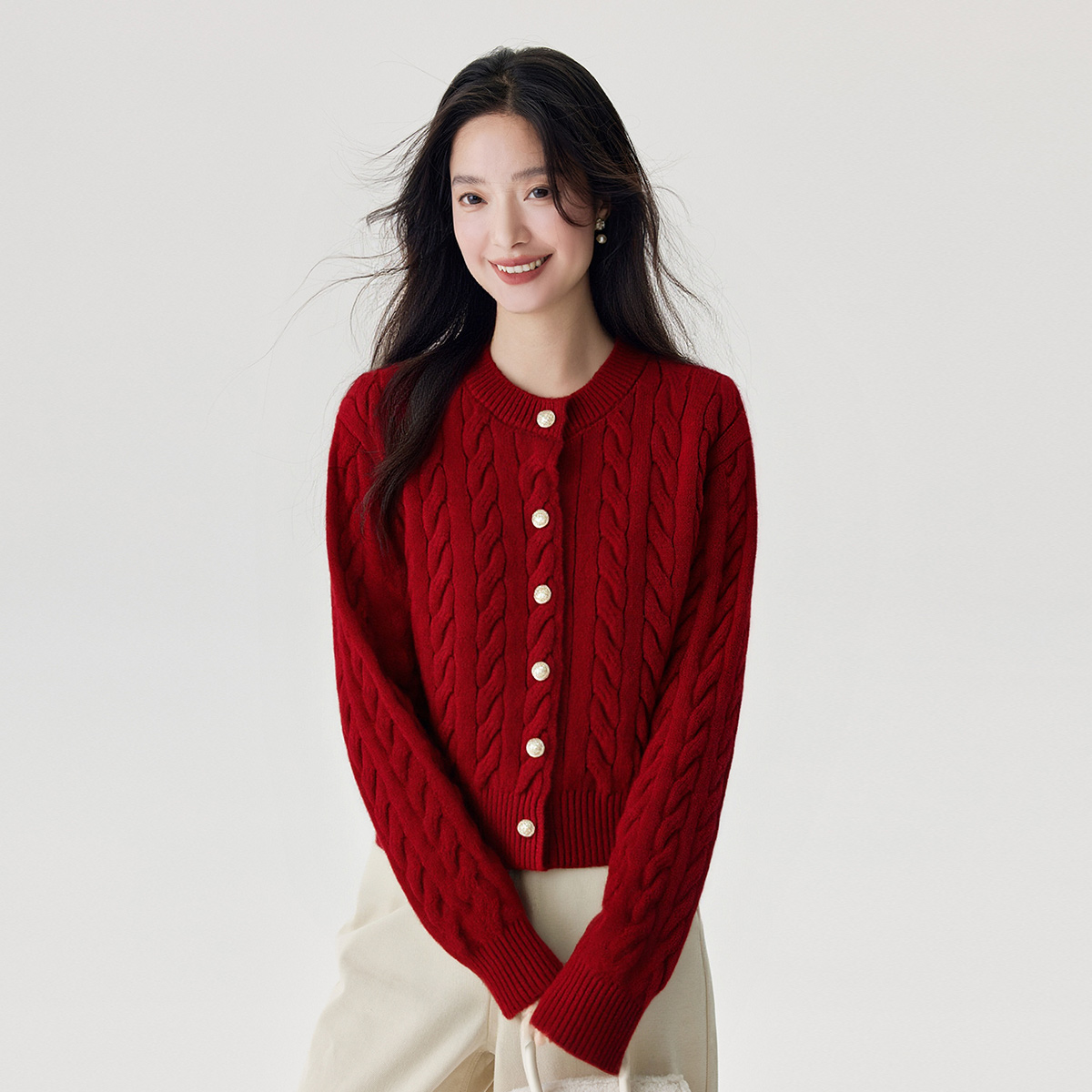 茵曼【复古狡花针织】红色复古节日氛围感圆领叠穿上衣文艺毛衣开衫