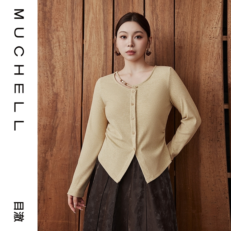 目澈MUCHELL秋季新款【时间慢度】大码串珠打底长袖T恤MDS4YD8056