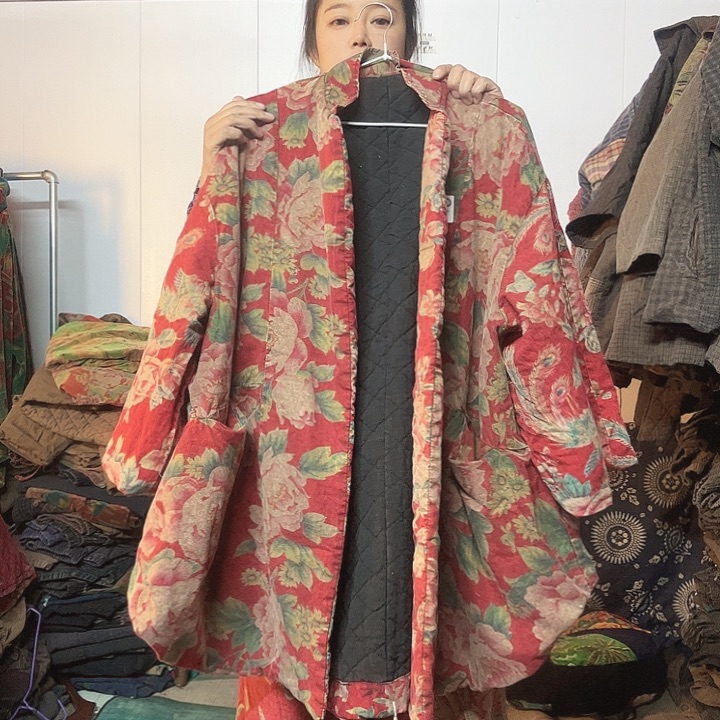 棉土布花油蜡染开衫风衣