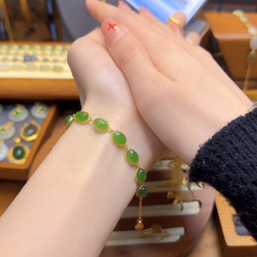 和田玉手链银S925镀金镶嵌