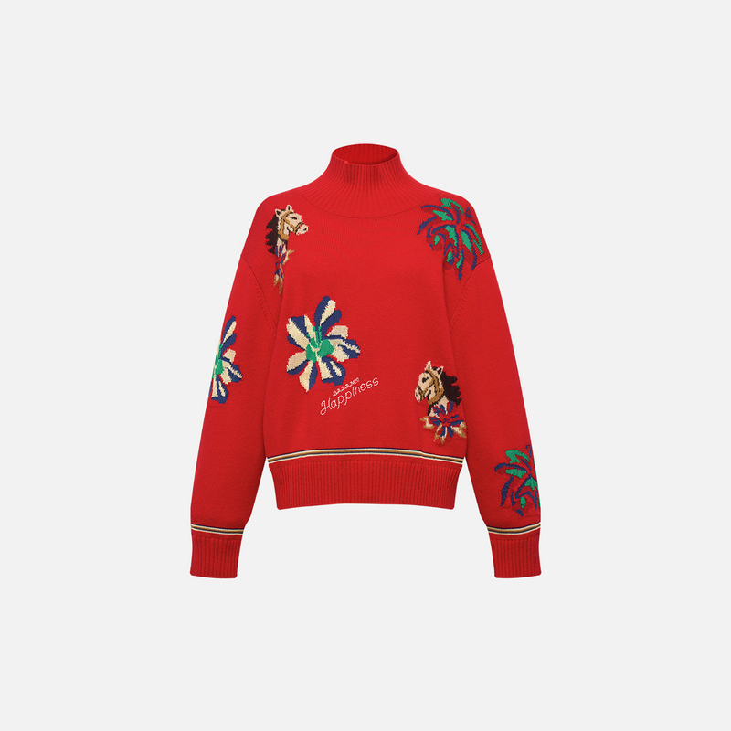 EP雅莹「骏」系列2026新款女装 红色提花针织毛衣高领羊毛衫9533A