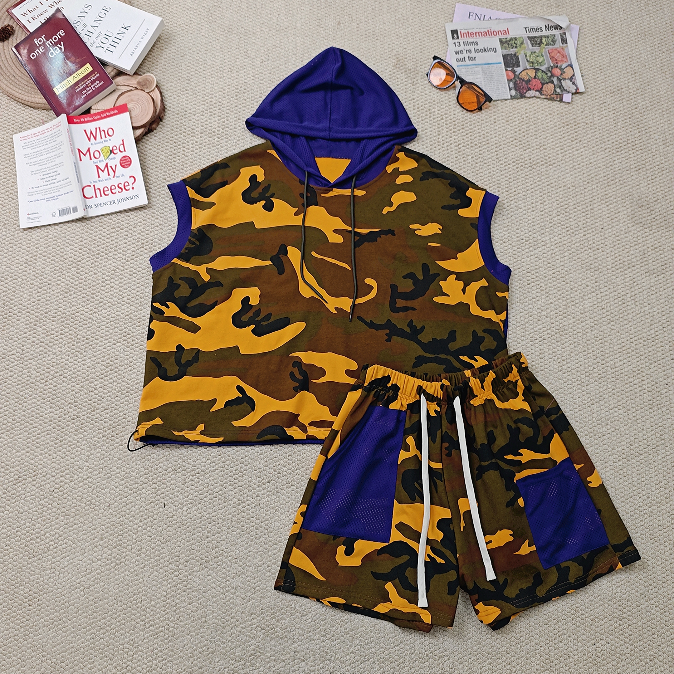 2025夏季新款时尚百搭休闲迷彩连帽马甲套装2907