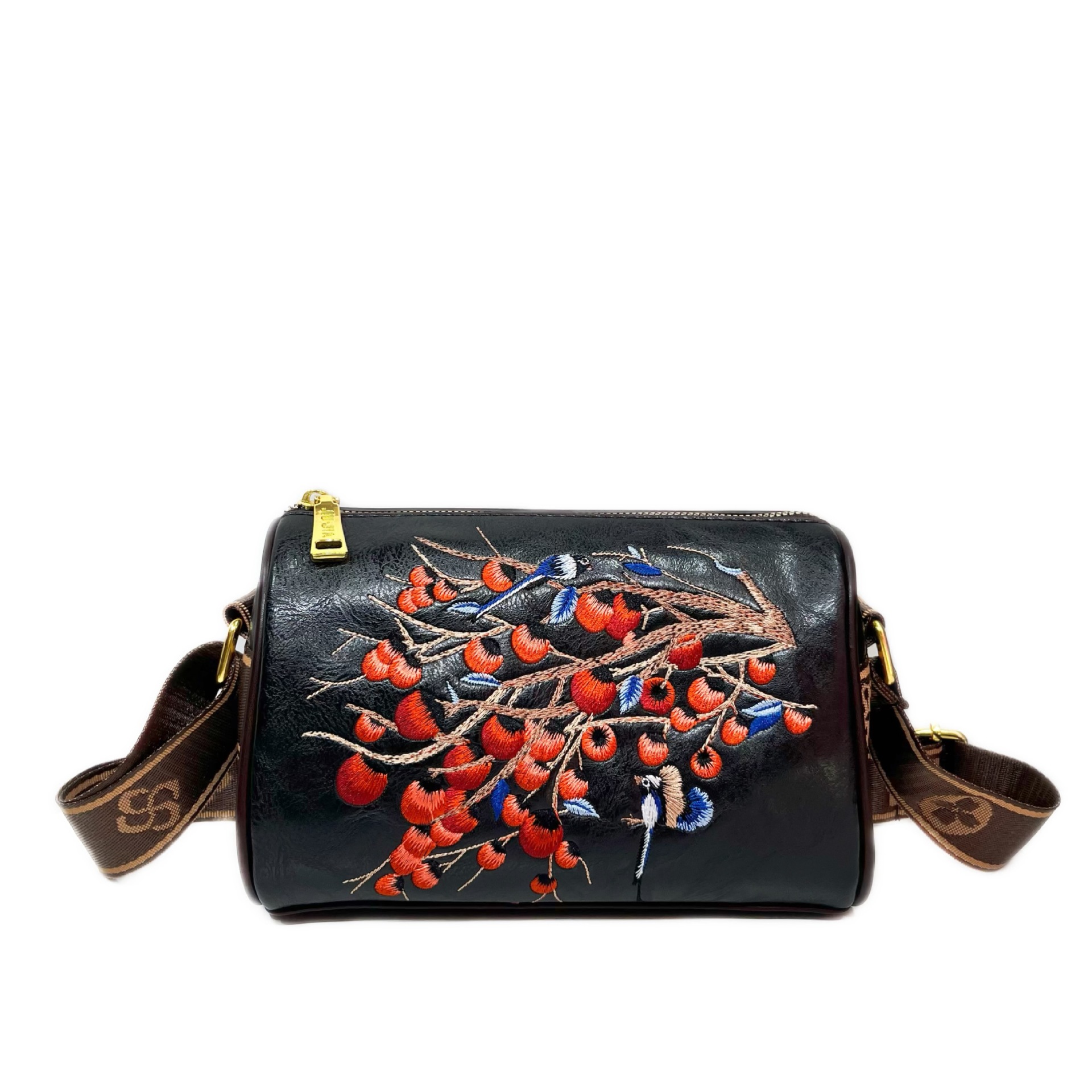 诗柏琦皮雕印花刺绣图案喜柿连连斜挎包N9051