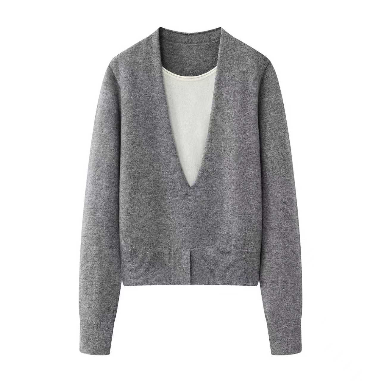 艾家商场同款2025冬新款长袖V领假两件针织衫羊毛衫女AR804152