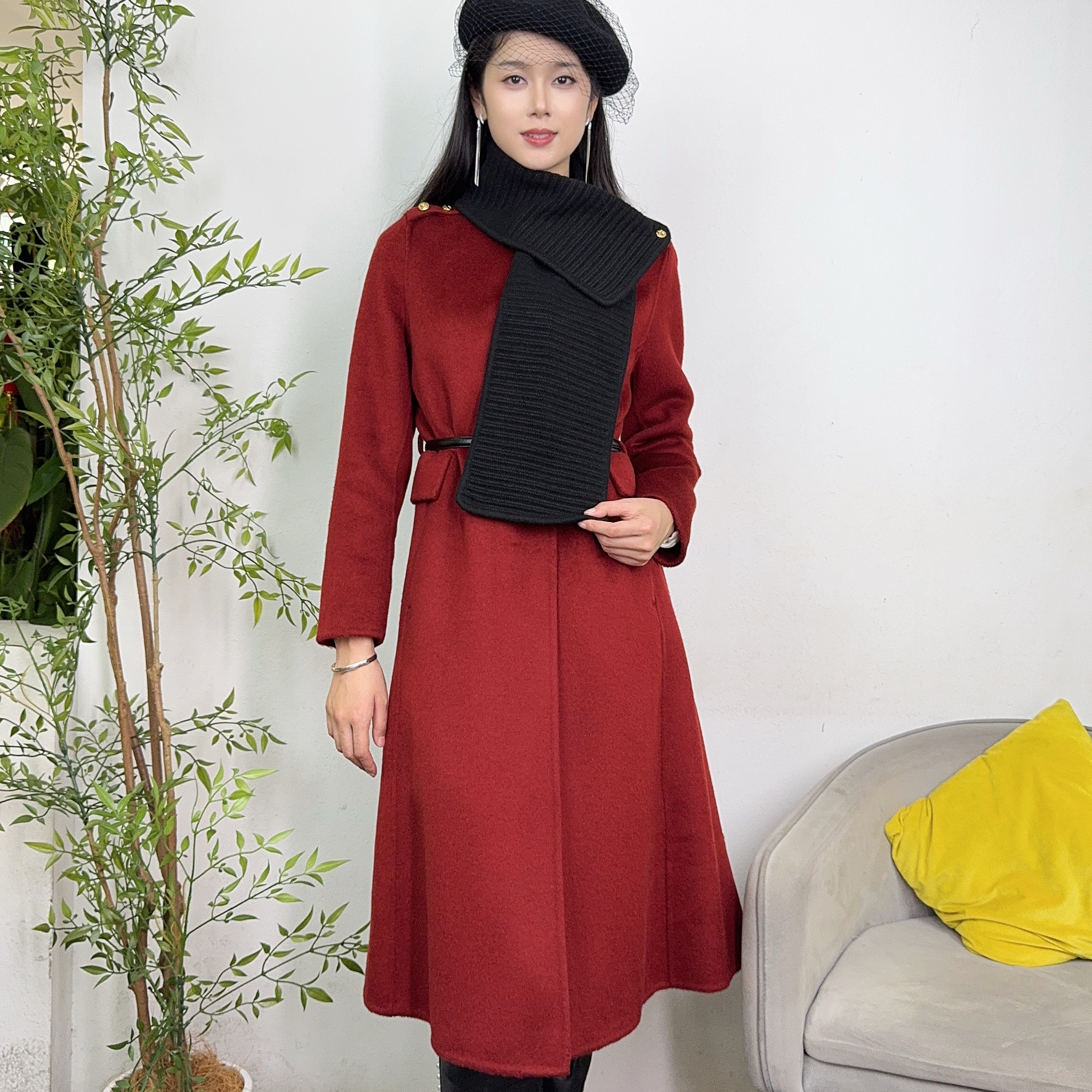 8621-2冬款高级宽松围巾系带收腰中长款双面毛呢大衣外套