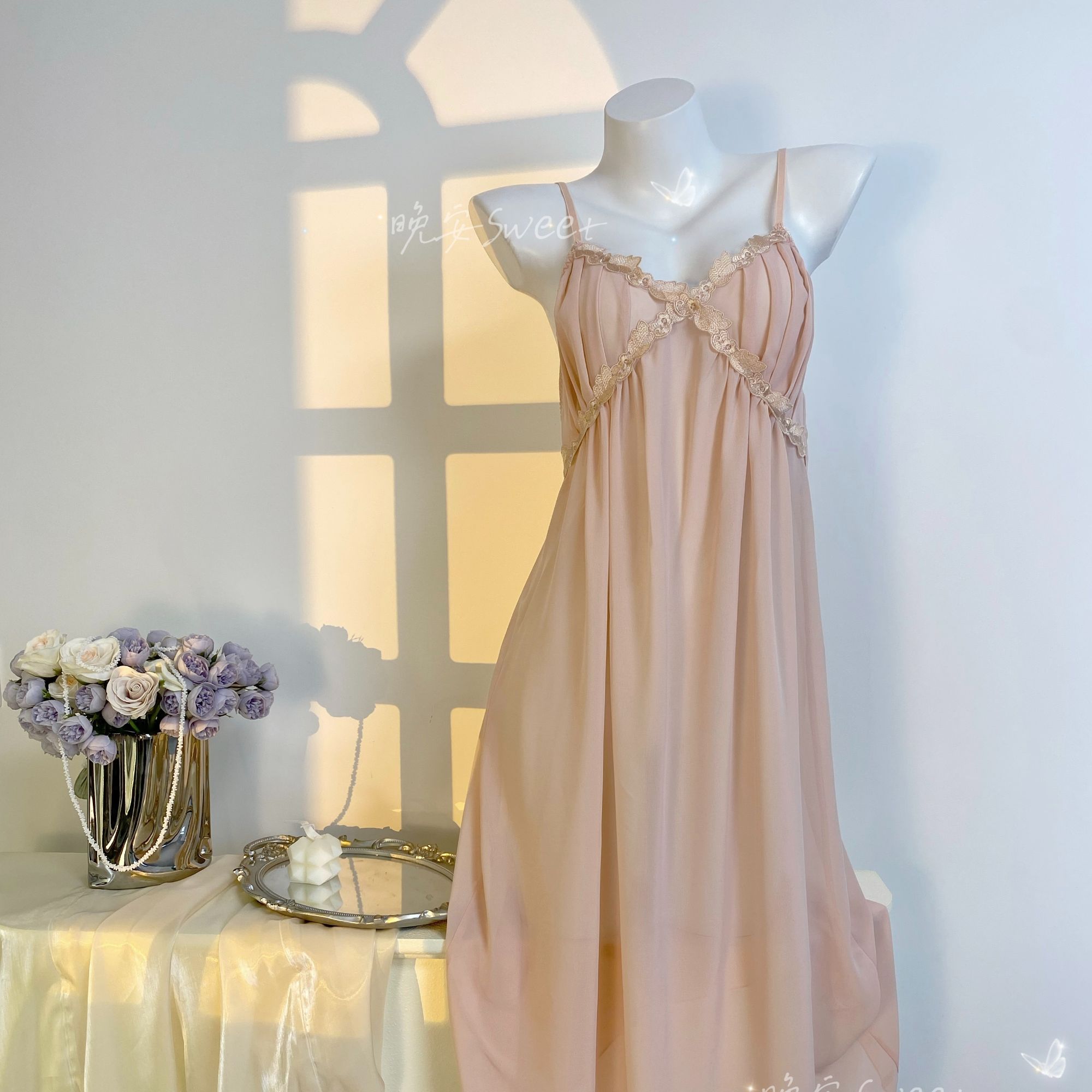 【80-150】千金感高级吊带睡裙长款宽松高级透肤连衣裙气质性感睡衣