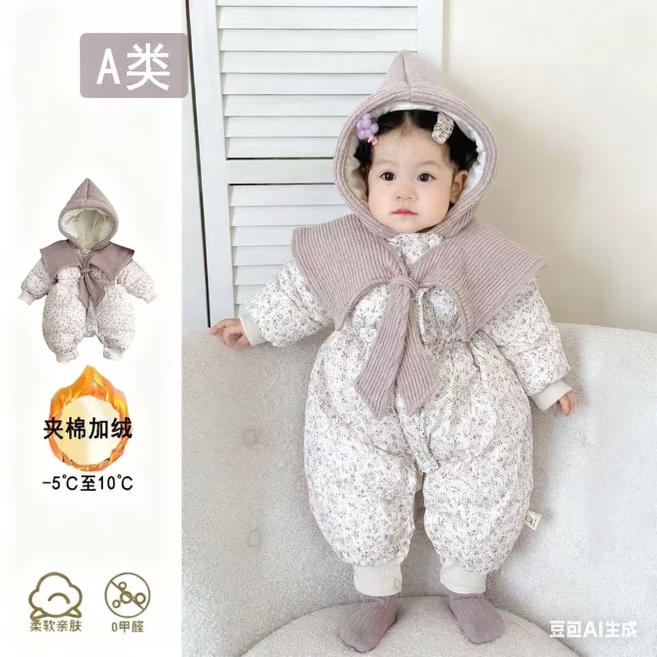 婴幼儿冬季加绒加厚碎花披肩保暖秋冬新生儿婴儿女宝宝冬季连体衣