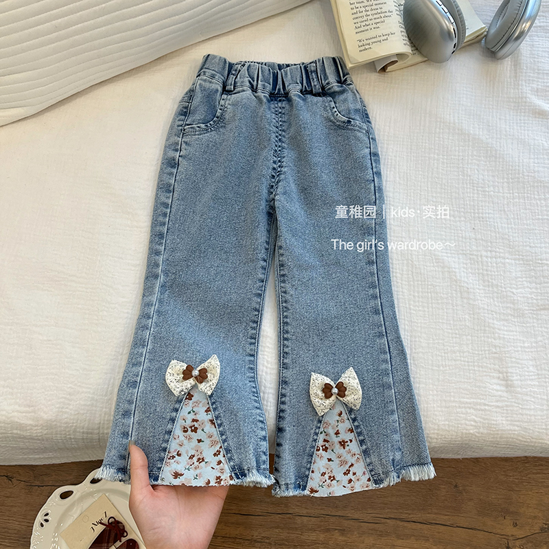 女童牛仔裤春秋季新款洋气蝴蝶结喇叭长裤儿童宝宝休闲百搭修身裤