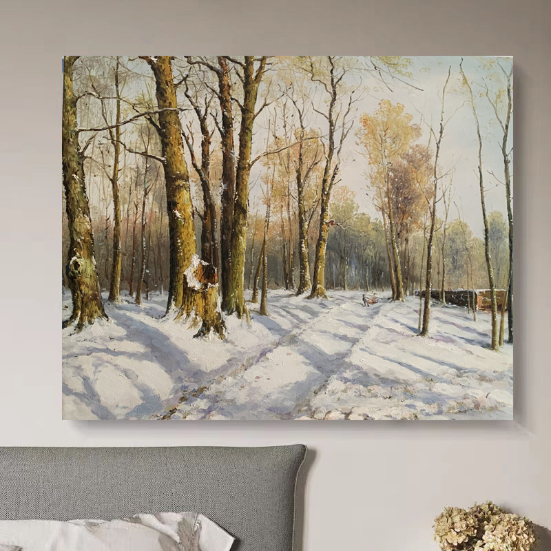 《雪林暖阳》50*60含内框，刘春建手绘油画装饰画，客厅背景墙挂画
