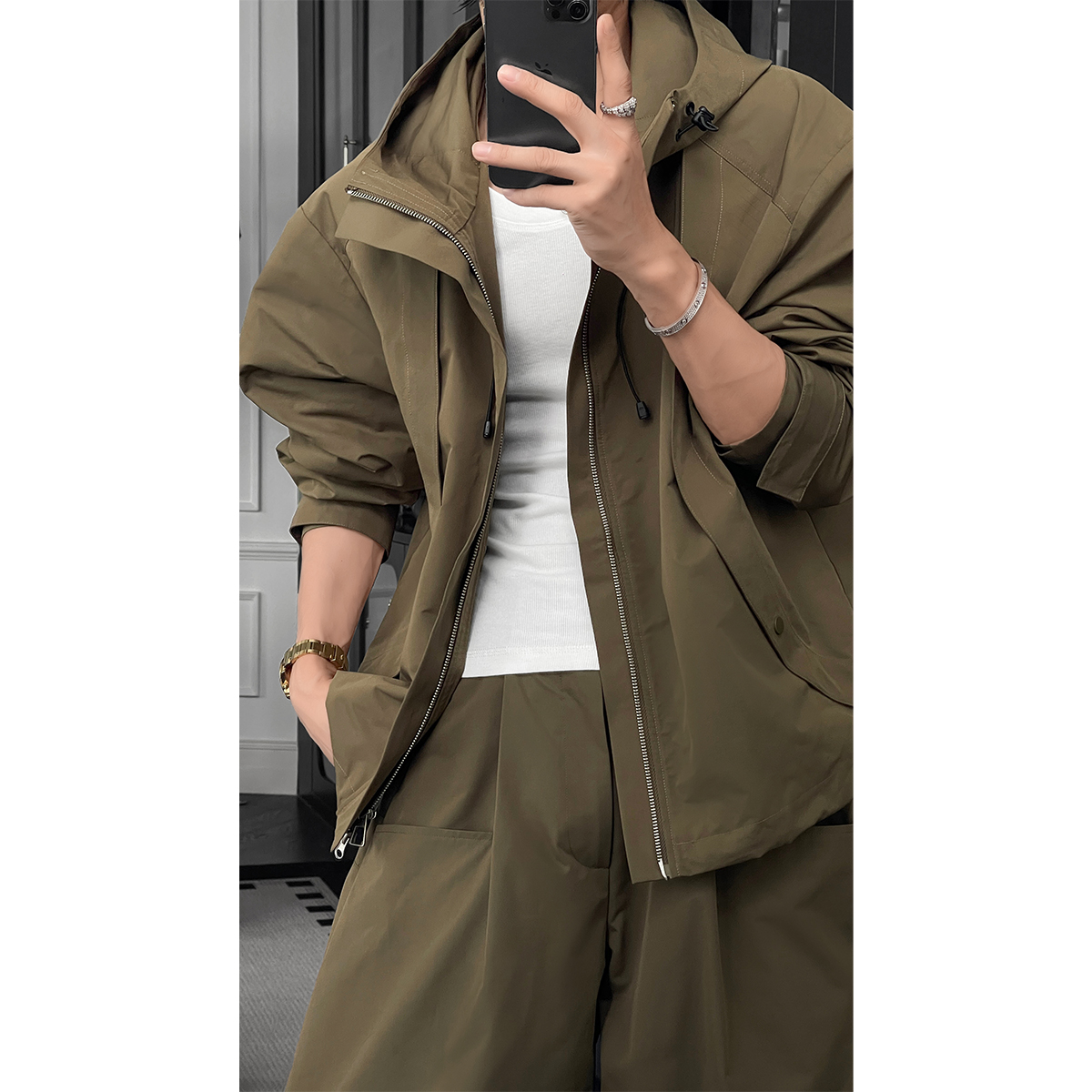 龙叨叨秋季新款潮流美式休闲户外工装连帽夹克宽松百搭长裤套装