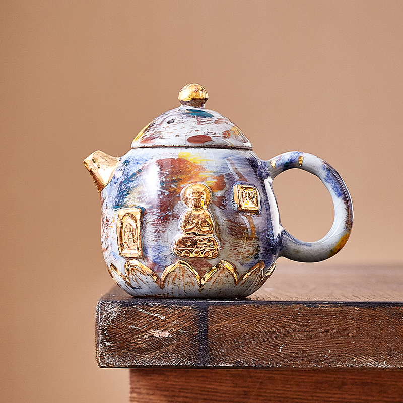 简趣郑友发石窟陶瓷珐琅彩复古创意纯手工鎏银中式莲花志野壶