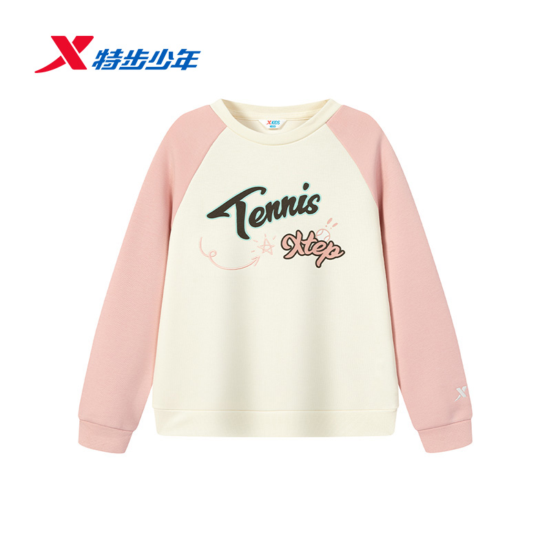 特步儿童装2025冬女童针织运动卫衣圆领套头塑型外套675424204145