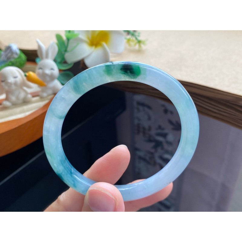 3.2批1343号翡翠手镯54.1-7.4-7.5冰飘花圆条！带蓝调的青蓝色飘